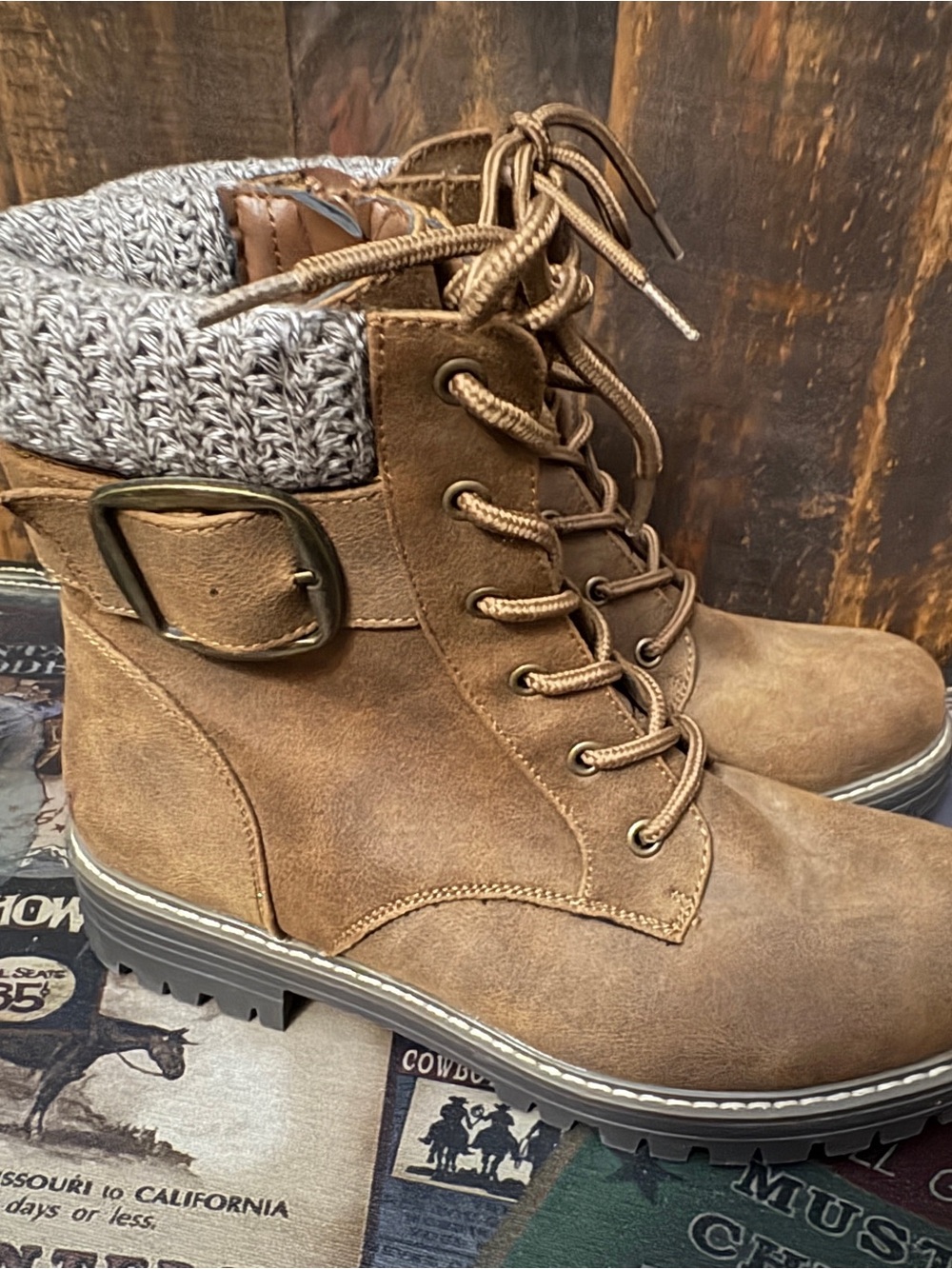 Cliffs by WHITE MOUNTAIN Brown Lace-Up Ankle Boots with Knit Cuff